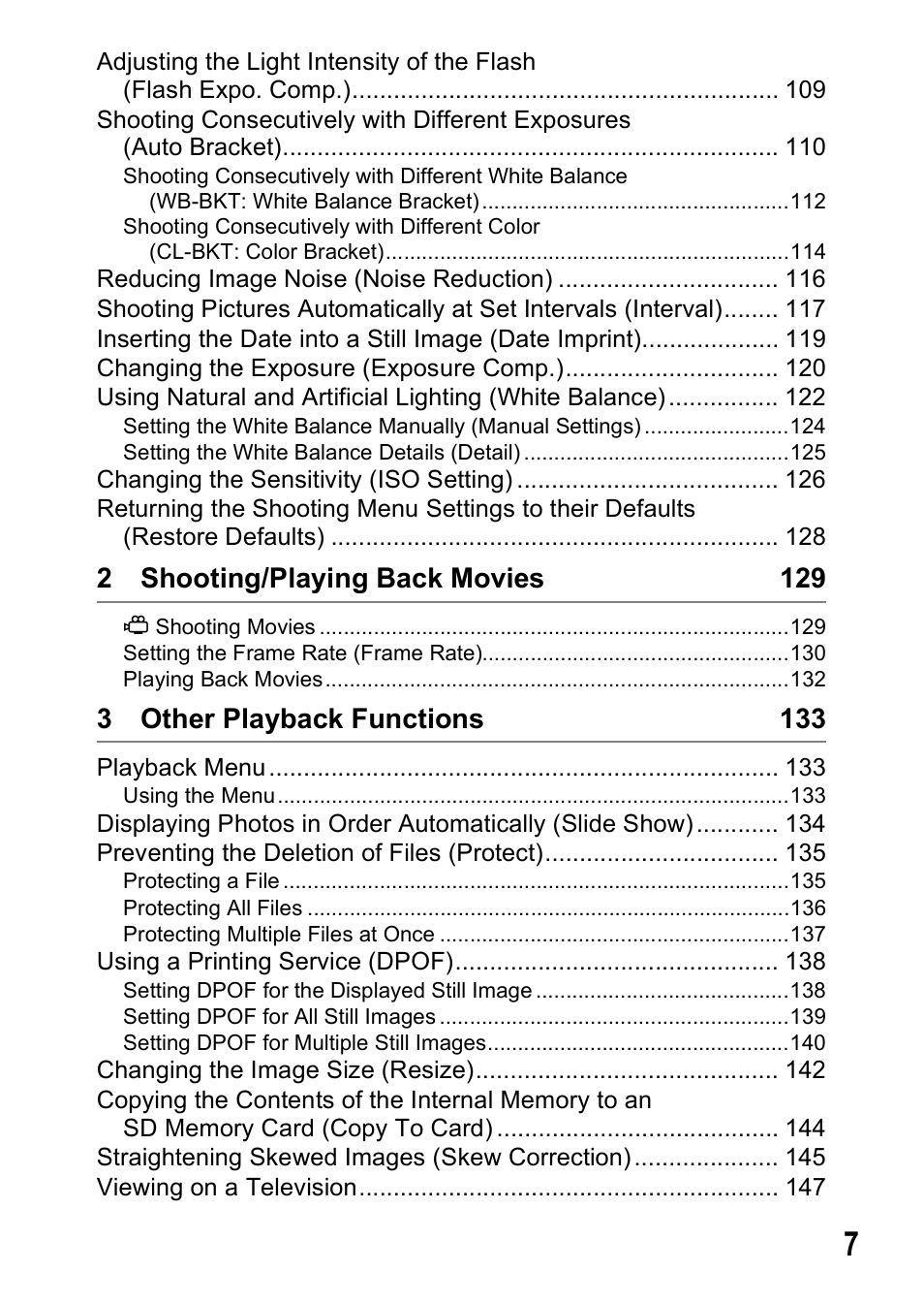 2 shooting/playing back movies 129, 3 other playback functions 133 | Ricoh GR Digital II User Manual | Page 9 / 242