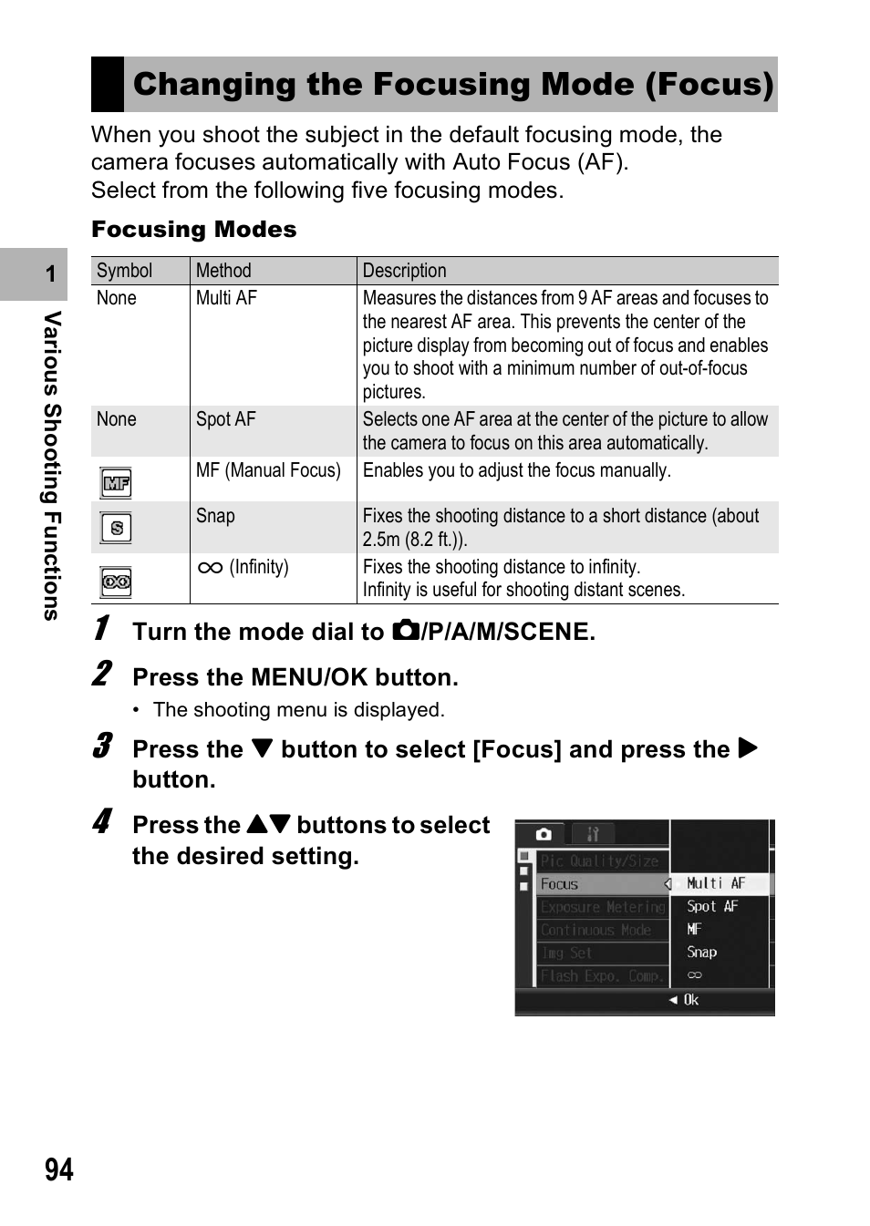 Changing the focusing mode (focus) | Ricoh GR Digital II User Manual | Page 96 / 242