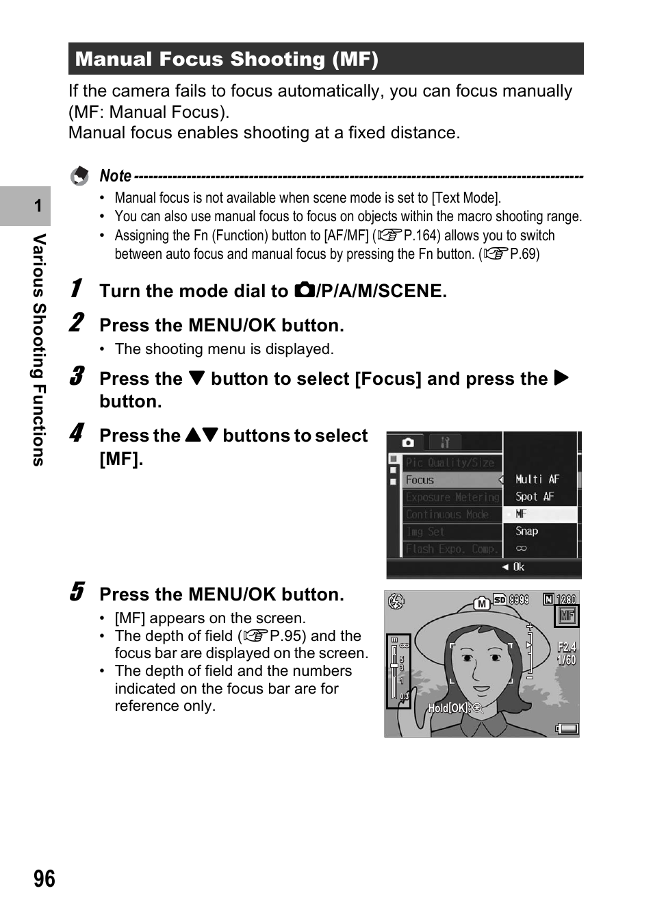 Manual focus shooting (mf), Turn the mode dial to 5 /p/a/m/scene, Press the menu/ok button | Press the !" buttons to select [mf | Ricoh GR Digital II User Manual | Page 98 / 242