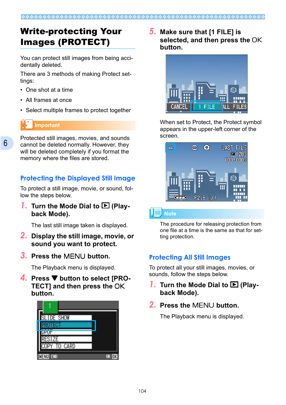 Write-protecting your images (protect), Protecting the displayed still image, Protecting all still images | P.104, E p.104, See p.104, 6write-protecting your images (protect) | Ricoh Caplio GX User Manual | Page 104 / 194