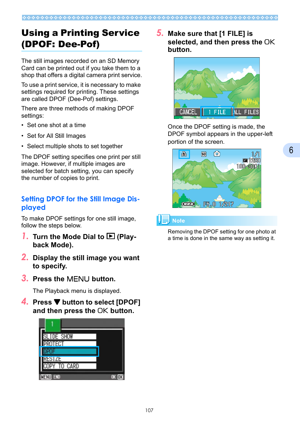 Using a printing service (dpof: dee-pof), Setting dpof for the still image displayed, P.107 | 6using a printing service (dpof: dee-pof) | Ricoh Caplio GX User Manual | Page 107 / 194