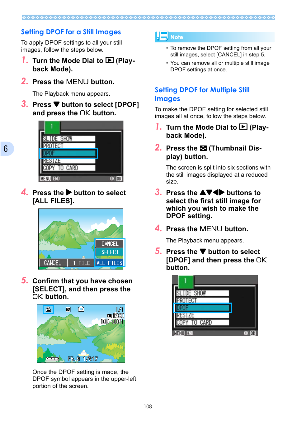 Setting dpof for a still images, Setting dpof for multiple still images | Ricoh Caplio GX User Manual | Page 108 / 194