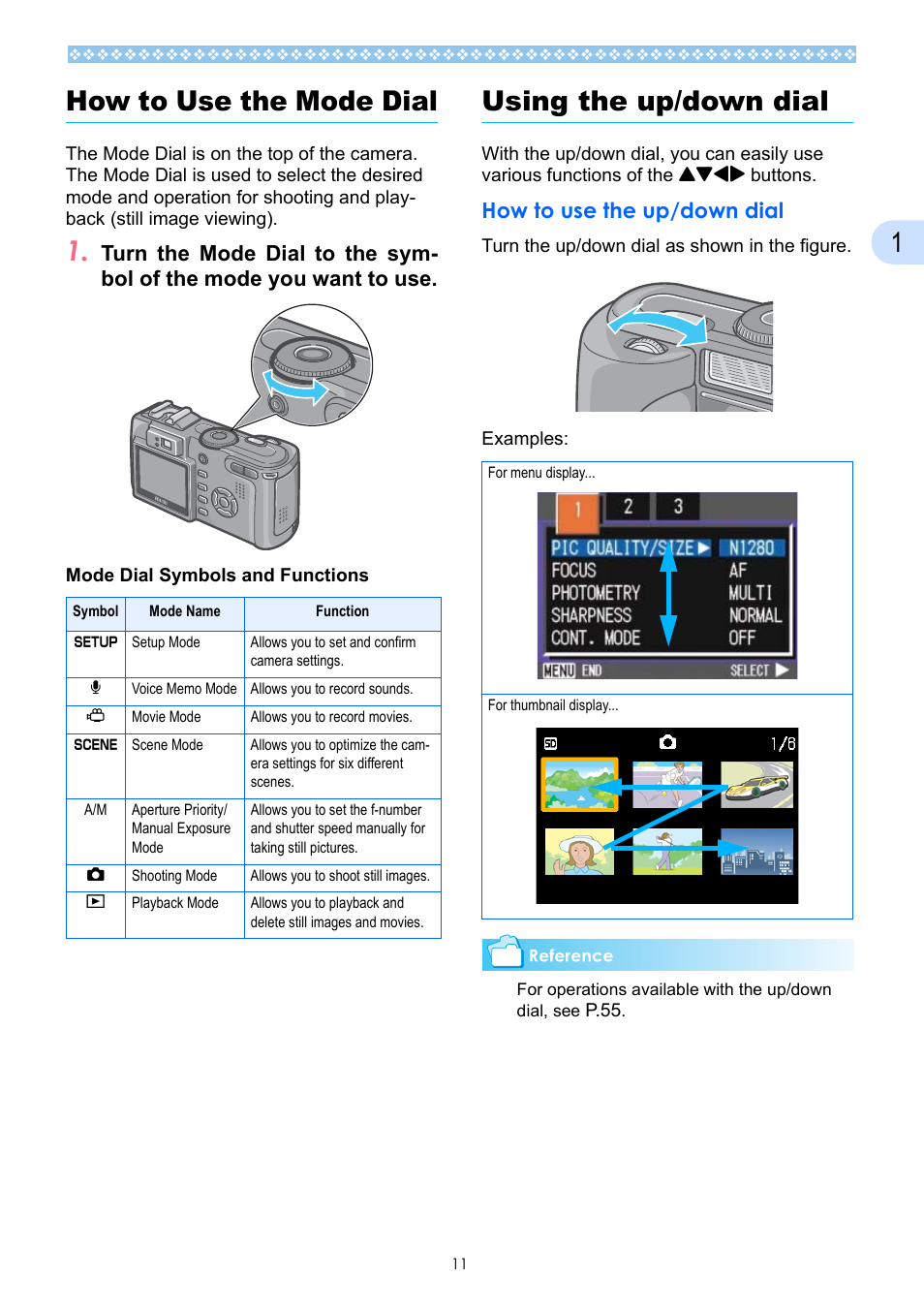 How to use the mode dial, Using the up/down dial, How to use the up/down dial | How to use the mode dial using the up/down dial, P.11, P.11), 1how to use the mode dial | Ricoh Caplio GX User Manual | Page 11 / 194