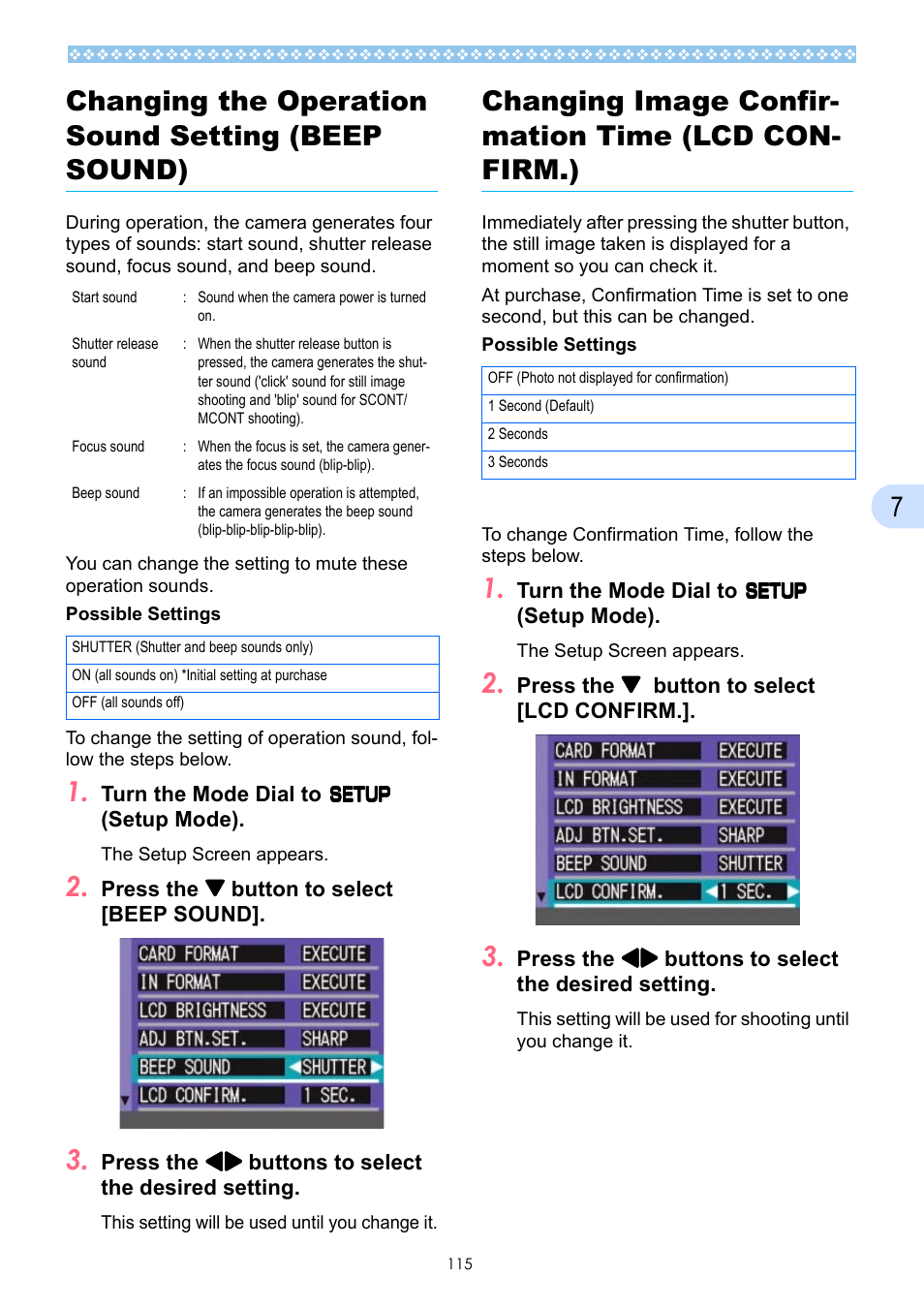 Changing the operation sound setting (beep sound), Changing image confirmation time (lcd confirm.), Nd, see p.115 | P.115, See p.115, 7changing the operation sound setting (beep sound) | Ricoh Caplio GX User Manual | Page 115 / 194