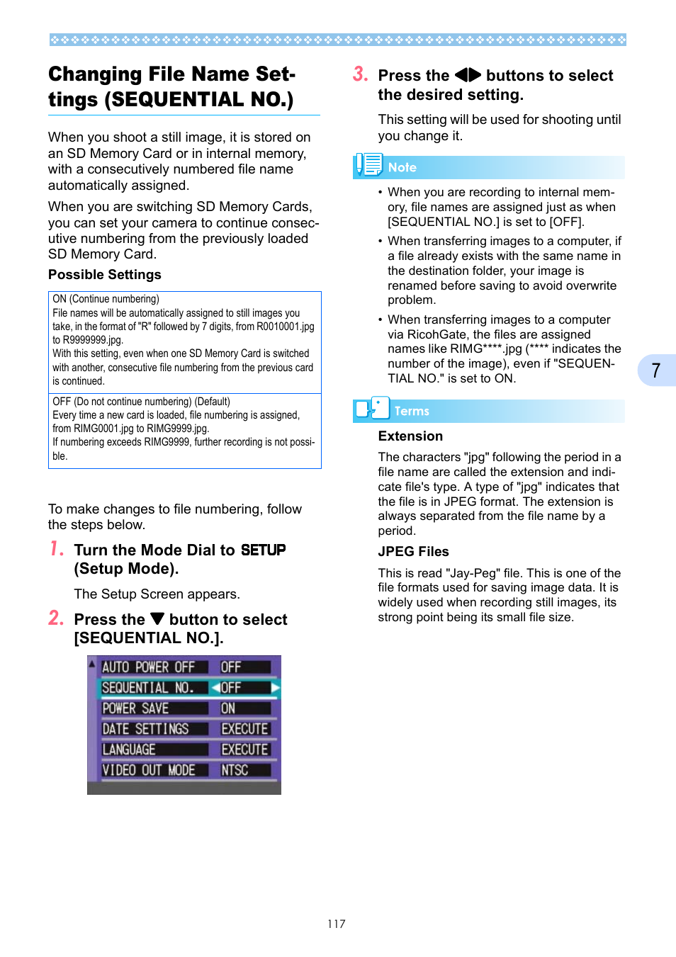Changing file name settings (sequential no.), P.117, 7changing file name set- tings (sequential no.) | Ricoh Caplio GX User Manual | Page 117 / 194
