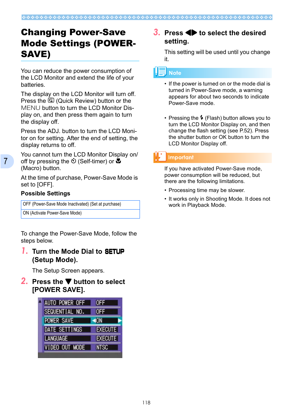 Changing power-save mode settings (power- save), P.118, 7changing power-save mode settings (power- save) | Ricoh Caplio GX User Manual | Page 118 / 194