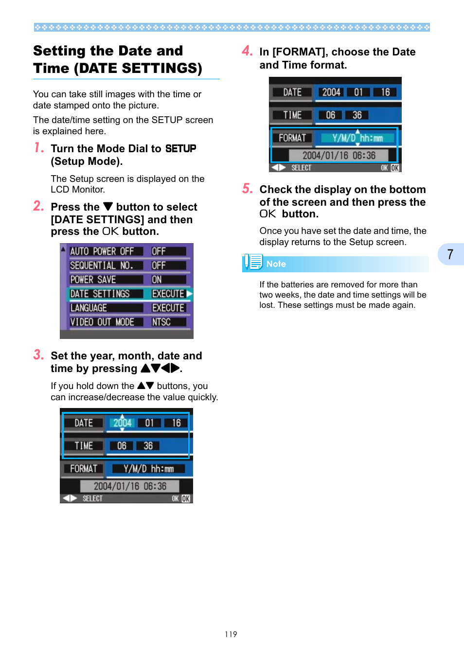 Setting the date and time (date settings), Setting the date and time (date settings) . 119, E, see p.119 | P.119, 7setting the date and time (date settings) | Ricoh Caplio GX User Manual | Page 119 / 194