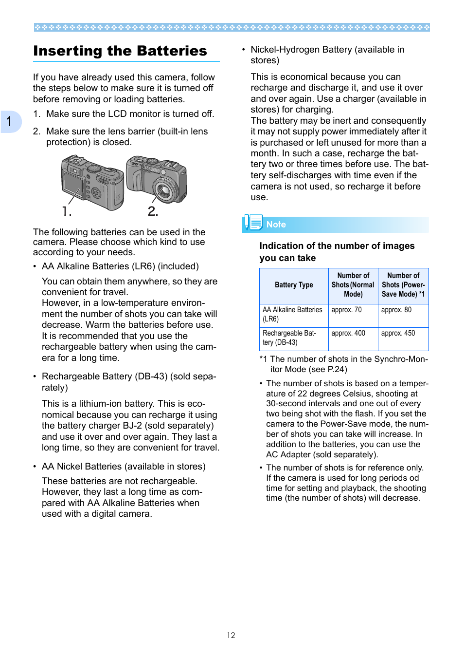 Inserting the batteries, 1inserting the batteries | Ricoh Caplio GX User Manual | Page 12 / 194