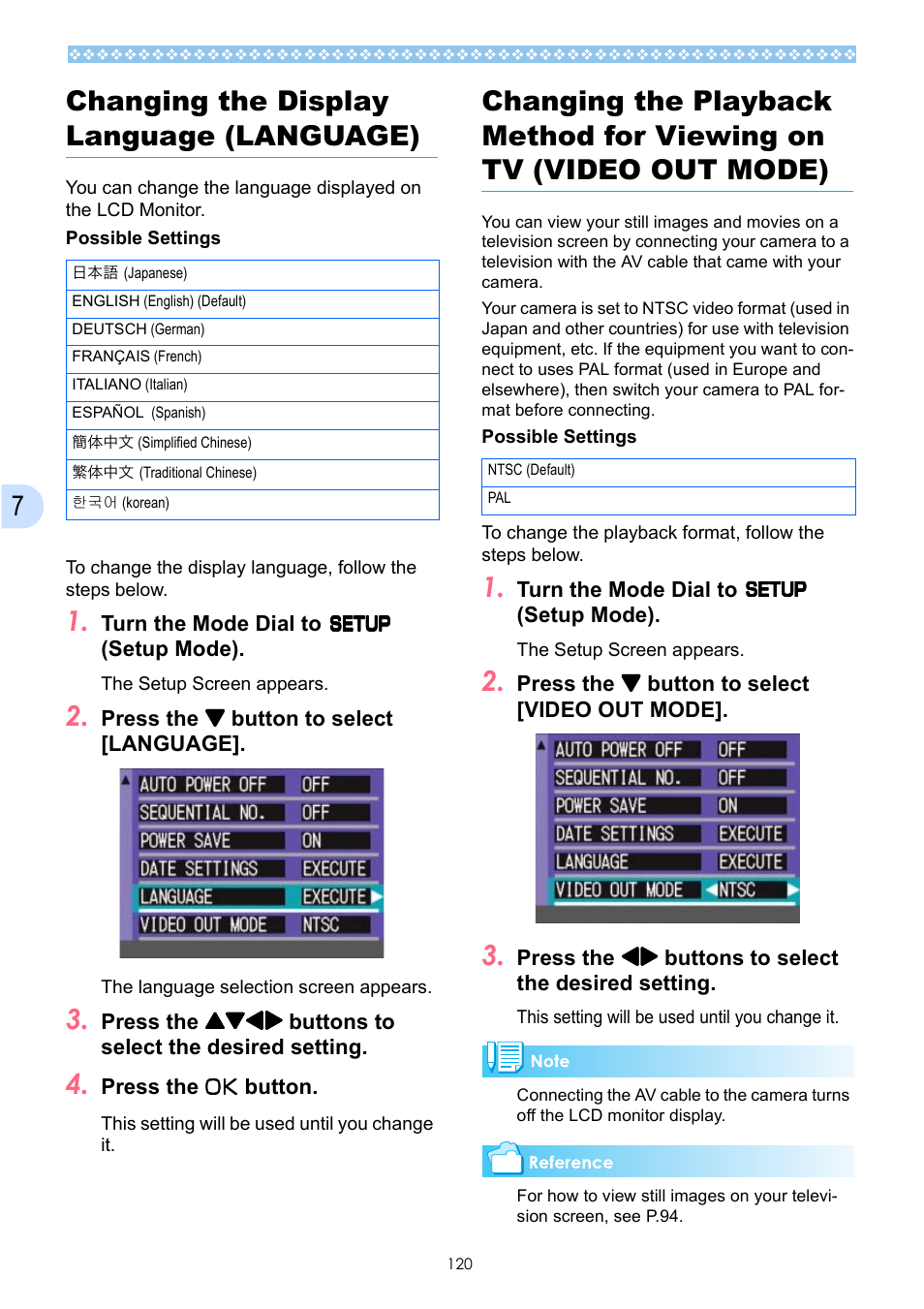 Changing the display language (language), Video out mode), P.120 | 7changing the display language (language) | Ricoh Caplio GX User Manual | Page 120 / 194