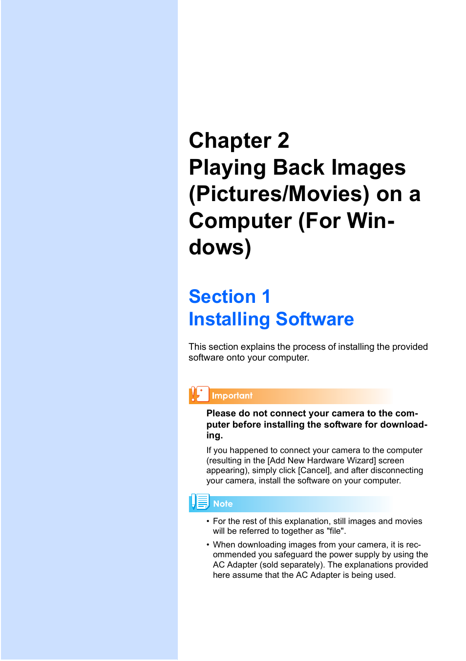 Section 1 installing software, Chapter 2 playing back images, Pictures/movies) on a | Computer (for windows) | Ricoh Caplio GX User Manual | Page 123 / 194