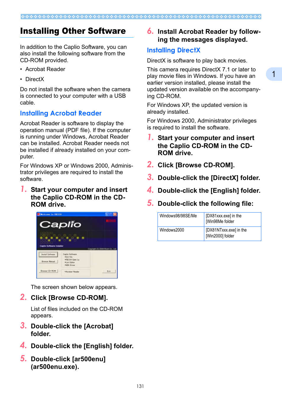 Installing other software, Installing acrobat reader, Installing directx | Installing acrobat reader installing directx, Ee p.131, E p.131, 1installing other software | Ricoh Caplio GX User Manual | Page 131 / 194