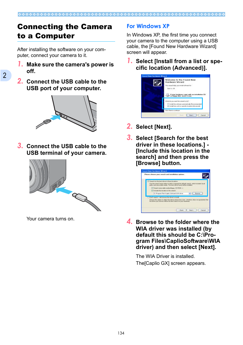 Connecting the camera to a computer, For windows xp, P.134 | 2connecting the camera to a computer | Ricoh Caplio GX User Manual | Page 134 / 194