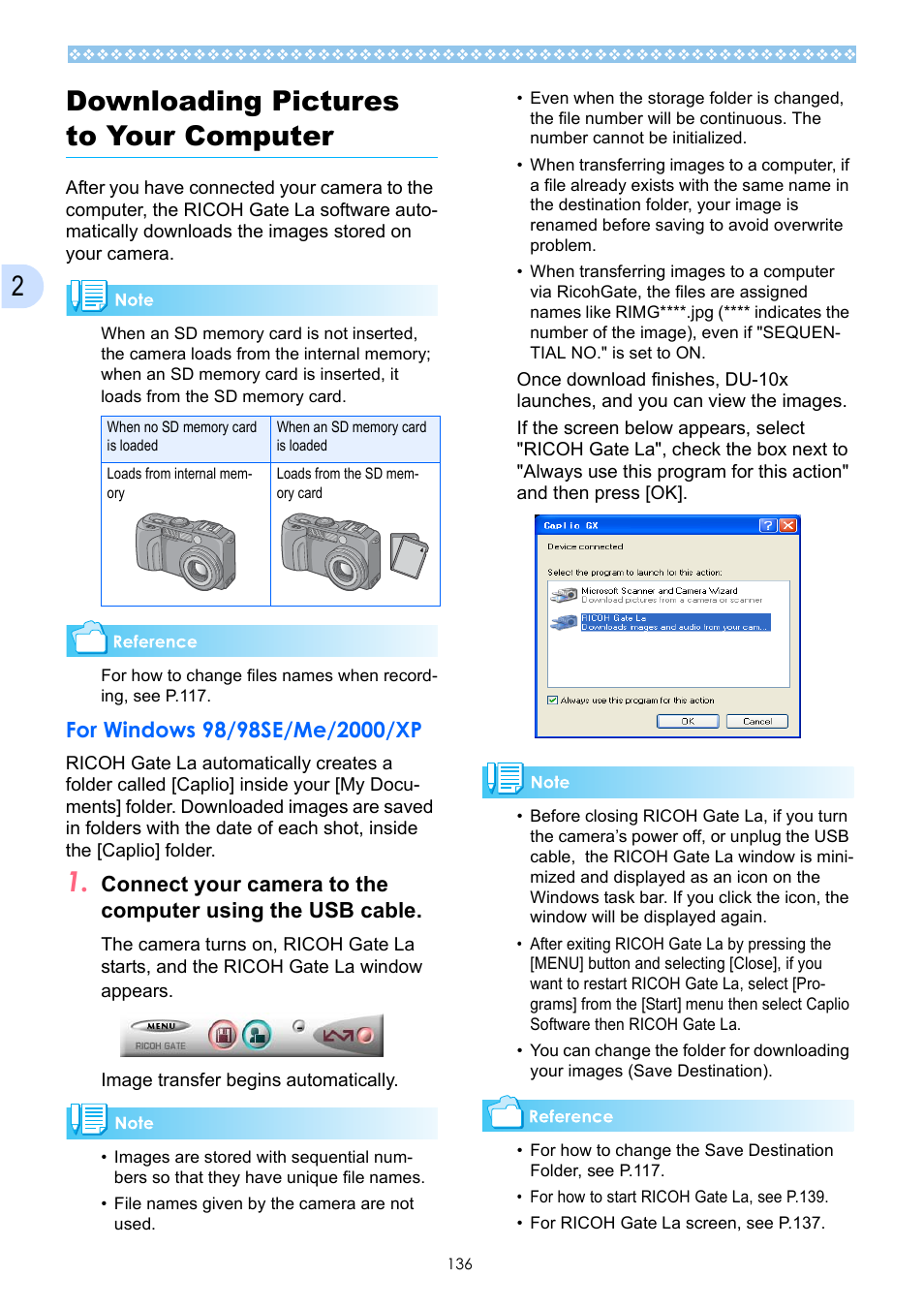 Downloading pictures to your computer, For windows 98/98se/me/2000/xp, P.136 | E p.136, 2downloading pictures to your computer | Ricoh Caplio GX User Manual | Page 136 / 194