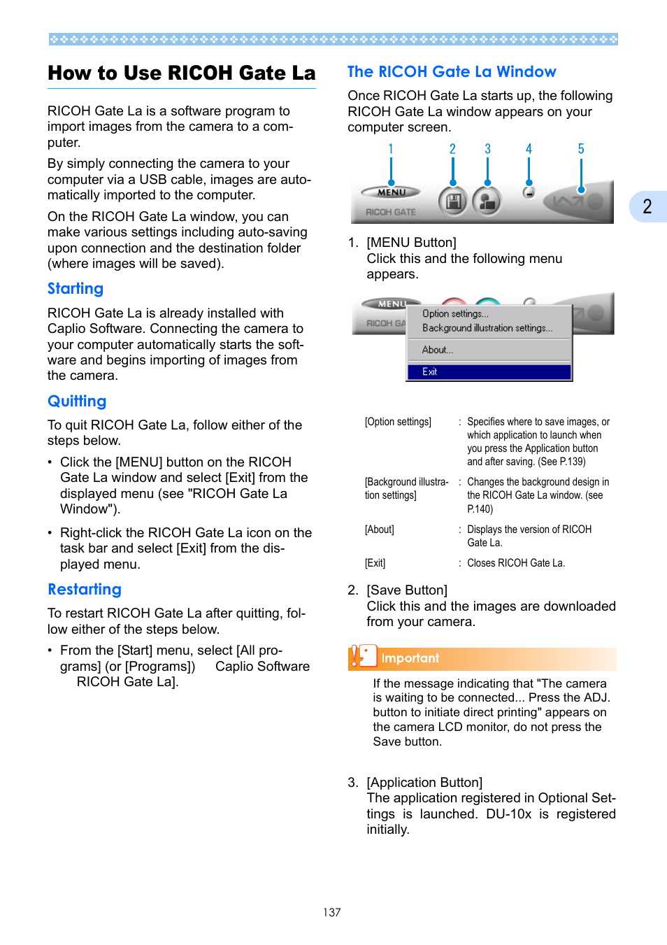 How to use ricoh gate la, Starting, Quitting | Restarting, The ricoh gate la window, See p.137, 2how to use ricoh gate la | Ricoh Caplio GX User Manual | Page 137 / 194