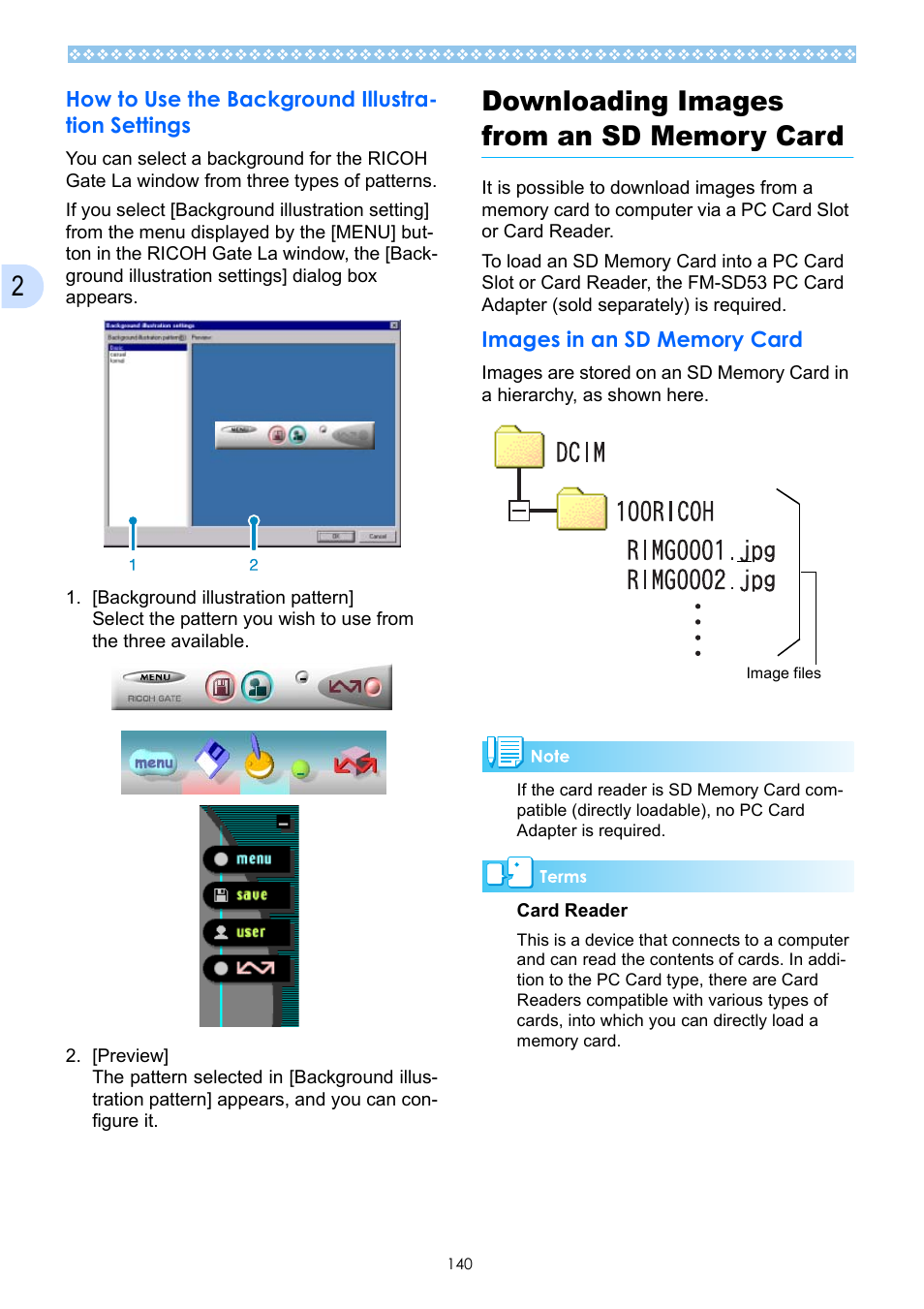 How to use the background illustration settings, Downloading images from an sd memory card, Images in an sd memory card | Downloading images from an sd memory card 140, E p.140 | Ricoh Caplio GX User Manual | Page 140 / 194