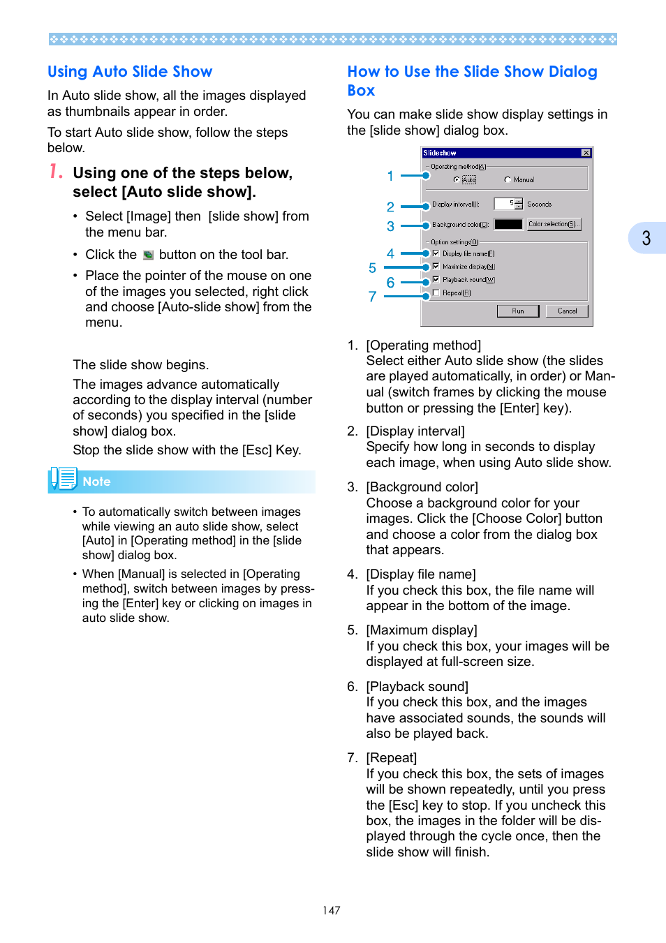 Using auto slide show, How to use the slide show dialog box | Ricoh Caplio GX User Manual | Page 147 / 194