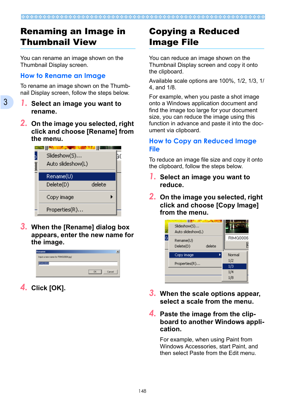 Renaming an image in thumbnail view, How to rename an image, Copying a reduced image file | How to copy an reduced image file, 3renaming an image in thumbnail view | Ricoh Caplio GX User Manual | Page 148 / 194