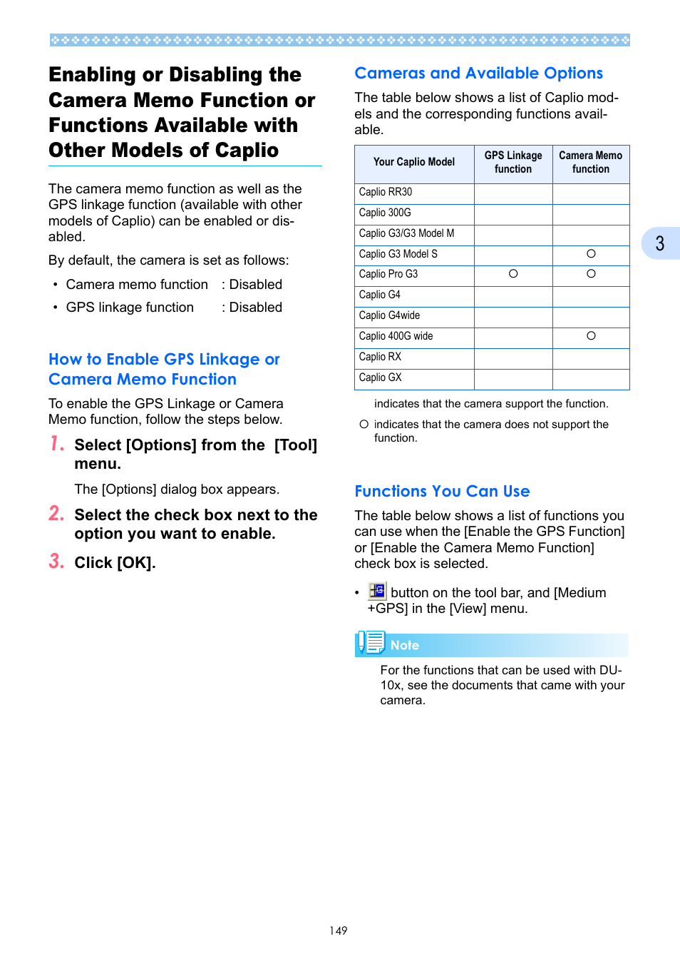How to enable gps linkage or camera memo function, Cameras and available options, Functions you can use | Select [options] from the [tool] menu, Click [ok]. cameras and available options | Ricoh Caplio GX User Manual | Page 149 / 194