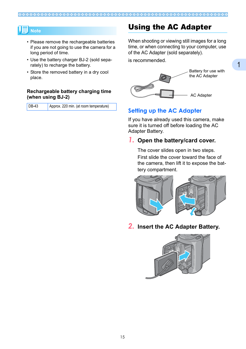 Using the ac adapter, Setting up the ac adapter | Ricoh Caplio GX User Manual | Page 15 / 194