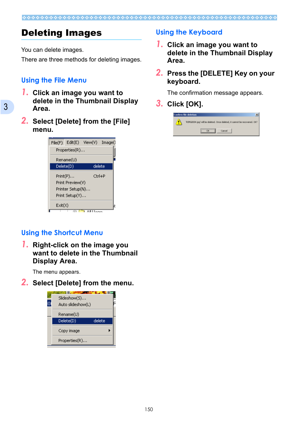 Deleting images, Using the file menu, Using the shortcut menu | Using the keyboard, Using the file menu using the shortcut menu, 3deleting images | Ricoh Caplio GX User Manual | Page 150 / 194