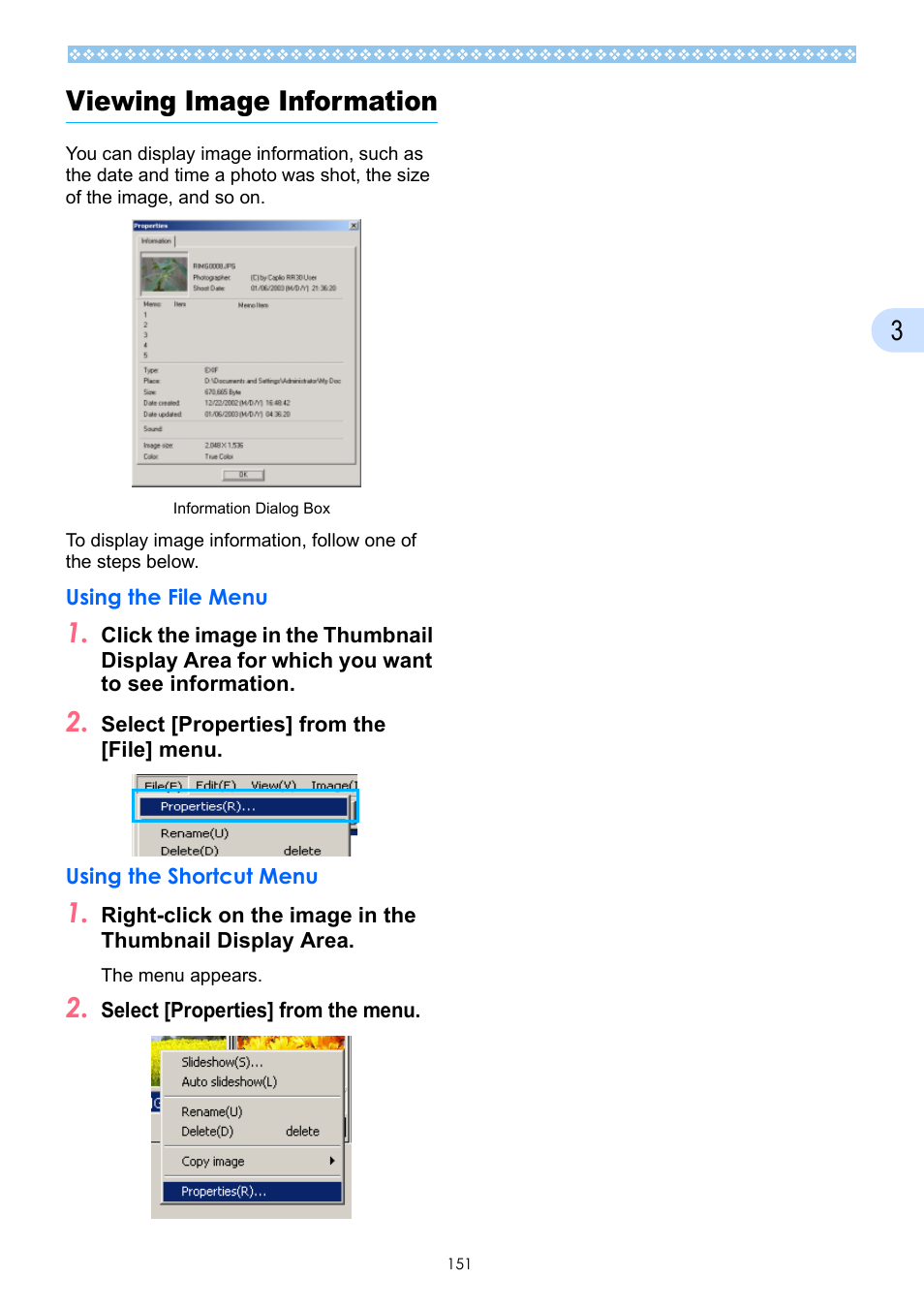 Viewing image information, Using the file menu, Using the shortcut menu | Using the file menu using the shortcut menu, 3viewing image information | Ricoh Caplio GX User Manual | Page 151 / 194