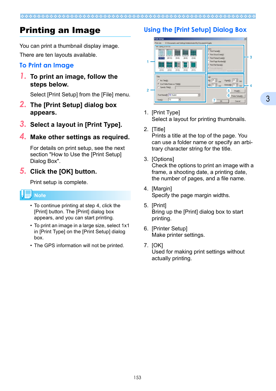 Printing an image, To print an image, Using the [print setup] dialog box | 3printing an image | Ricoh Caplio GX User Manual | Page 153 / 194