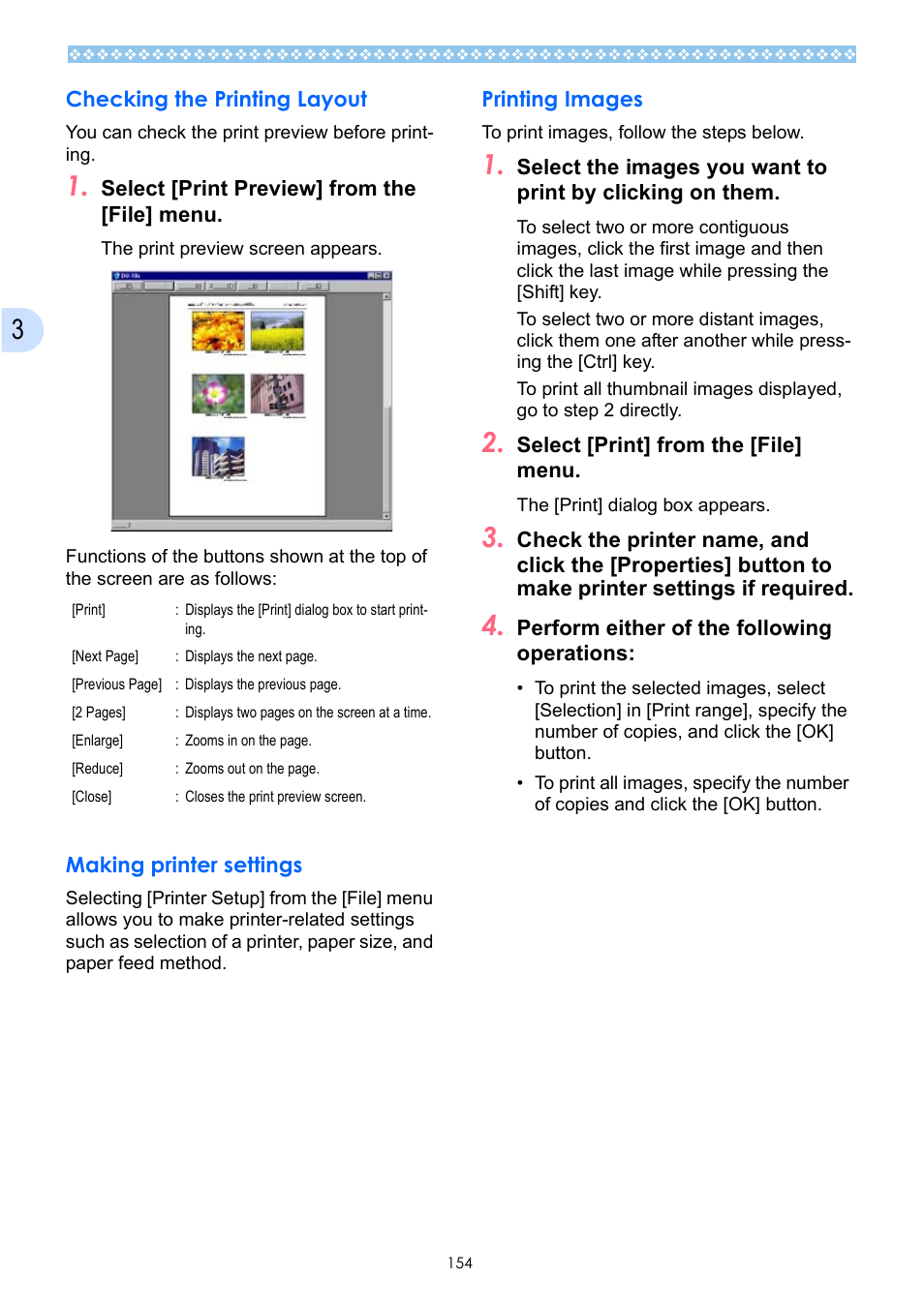 Checking the printing layout, Making printer settings, Printing images | Ricoh Caplio GX User Manual | Page 154 / 194