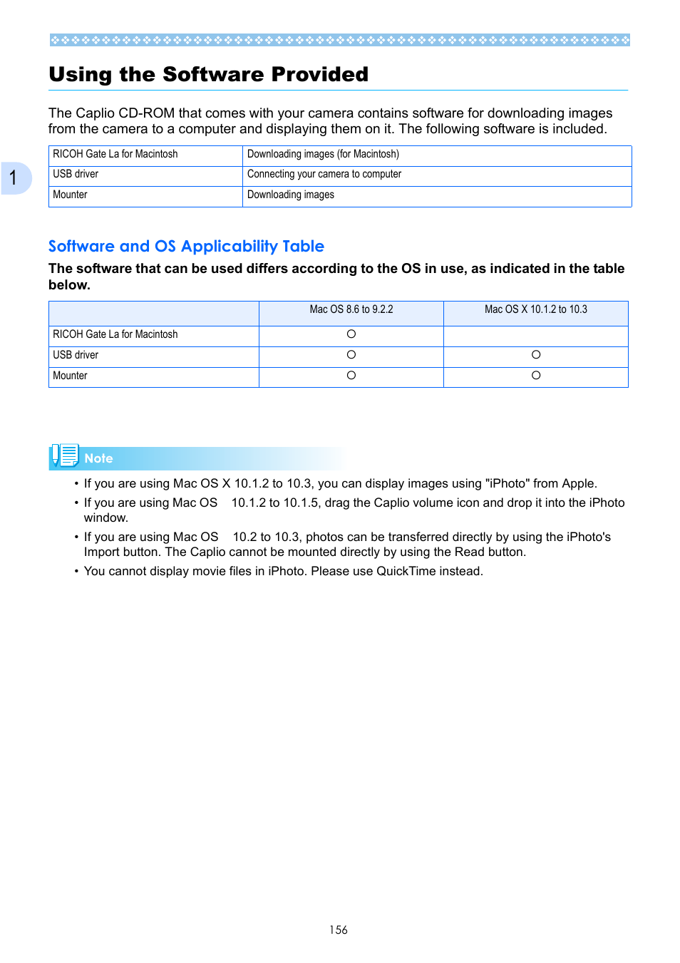 Using the software provided, Software and os applicability table, 1using the software provided | Ricoh Caplio GX User Manual | Page 156 / 194