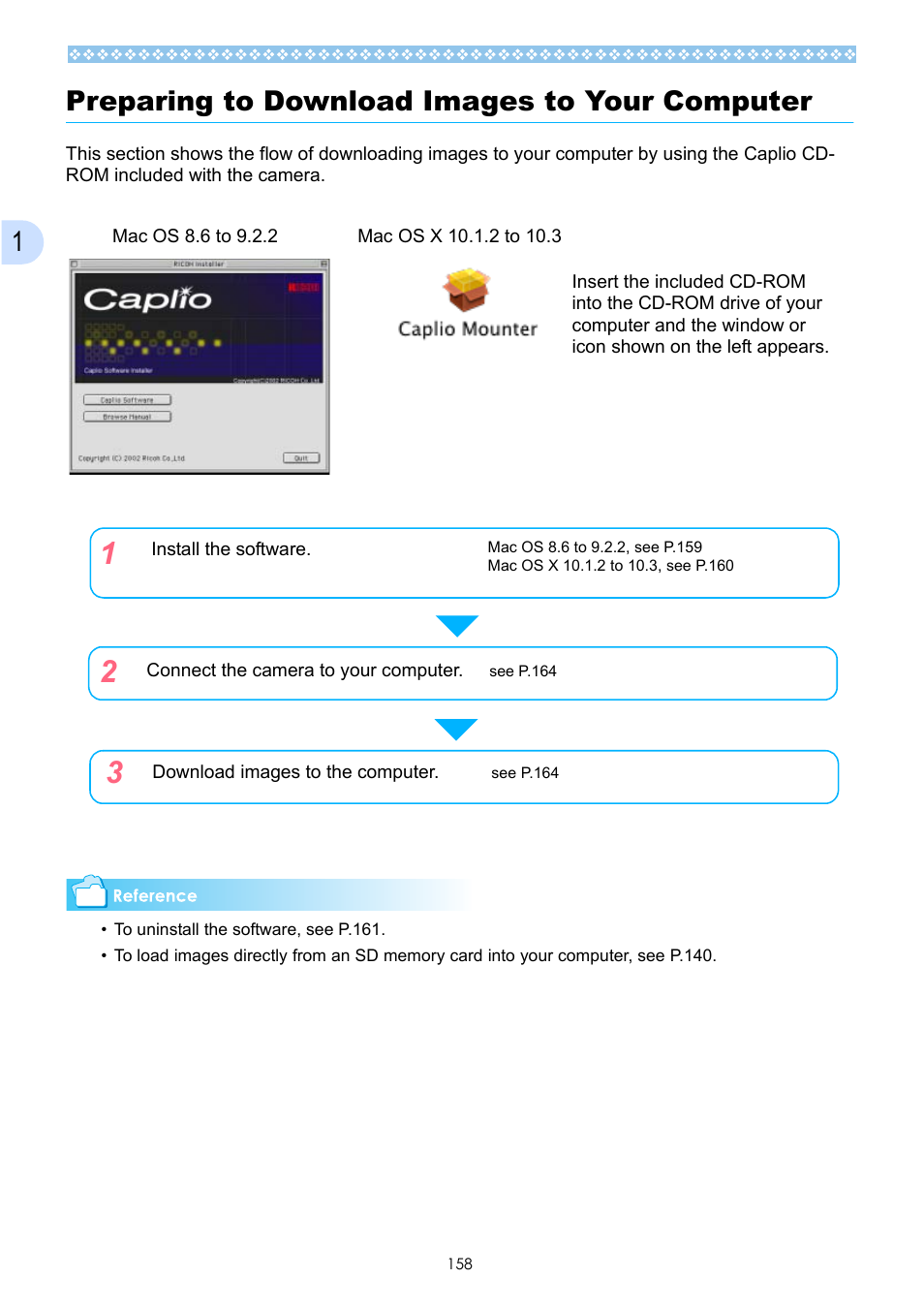 Preparing to download images to your computer, 1preparing to download images to your computer | Ricoh Caplio GX User Manual | Page 158 / 194