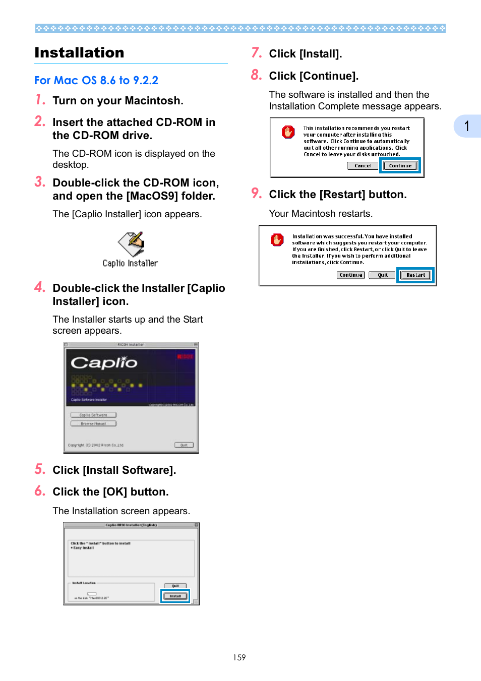 Installation, For mac os 8.6 to 9.2.2, E p.159 | 1installation | Ricoh Caplio GX User Manual | Page 159 / 194