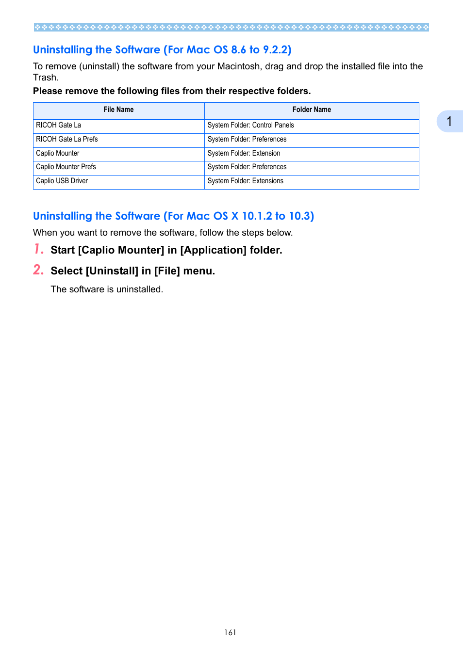 See p.161, Start [caplio mounter] in [application] folder, Select [uninstall] in [file] menu | Ricoh Caplio GX User Manual | Page 161 / 194