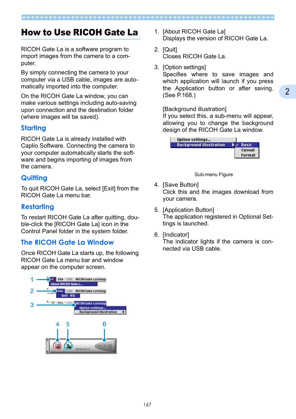 How to use ricoh gate la, Starting, Quitting | Restarting, The ricoh gate la window, 2how to use ricoh gate la | Ricoh Caplio GX User Manual | Page 167 / 194