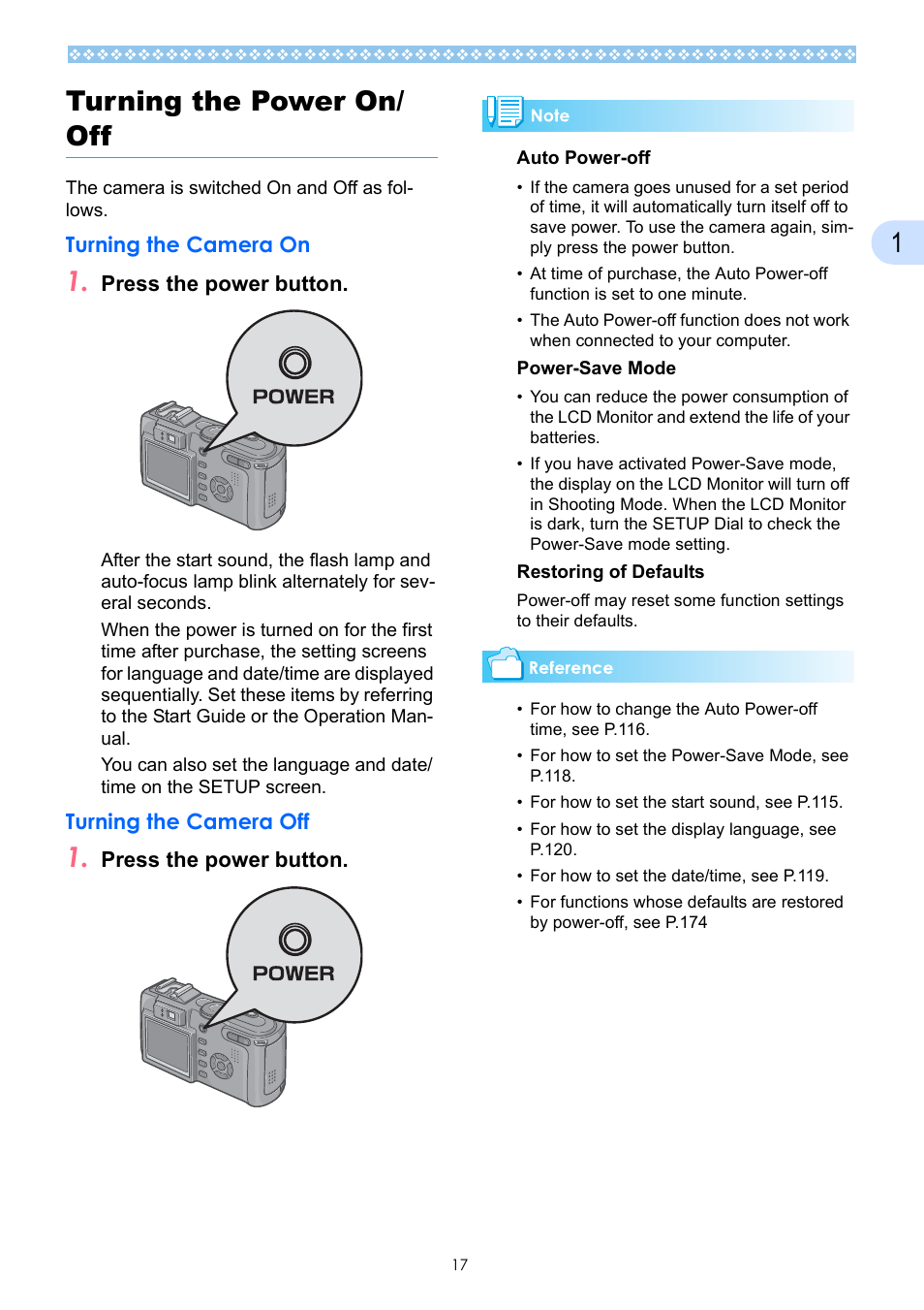 Turning the power on/ off, Turning the camera on, Turning the camera off | Turning the power on/off, Turning the camera on turning the camera off, P.17), 1turning the power on/ off | Ricoh Caplio GX User Manual | Page 17 / 194