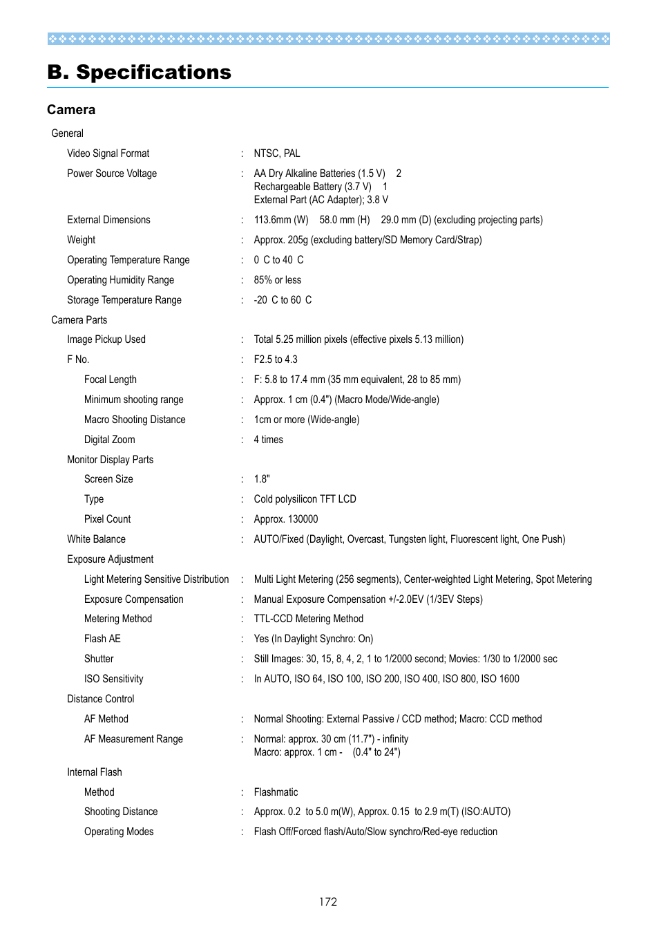 B. specifications, Camera | Ricoh Caplio GX User Manual | Page 172 / 194