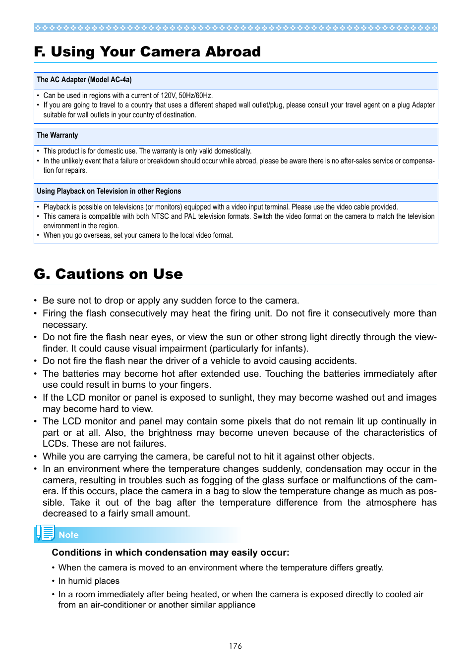 F. using your camera abroad, G. cautions on use, F. using your camera abroad g. cautions on use | Ricoh Caplio GX User Manual | Page 176 / 194