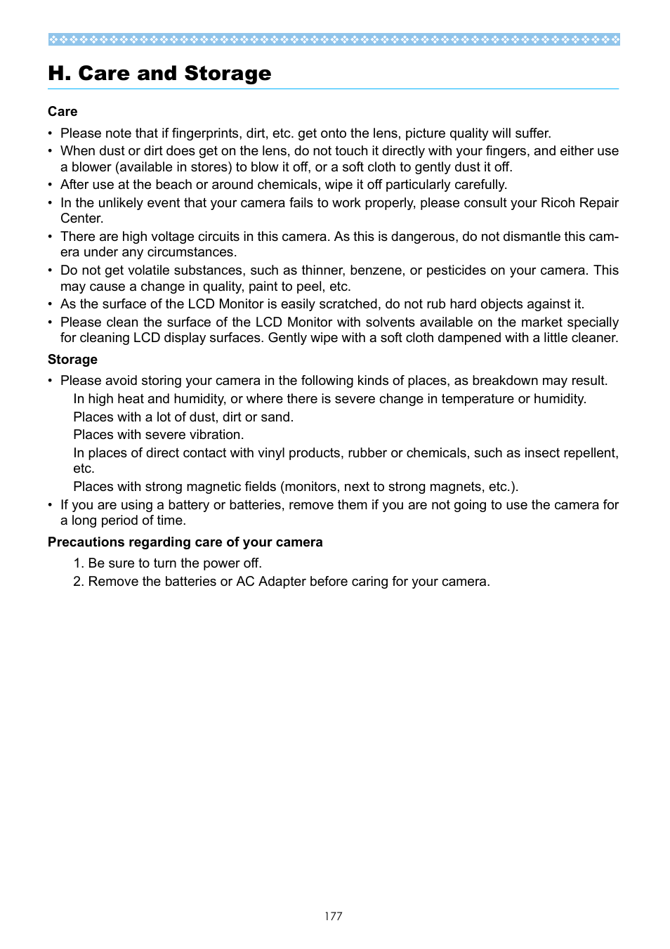 H. care and storage | Ricoh Caplio GX User Manual | Page 177 / 194