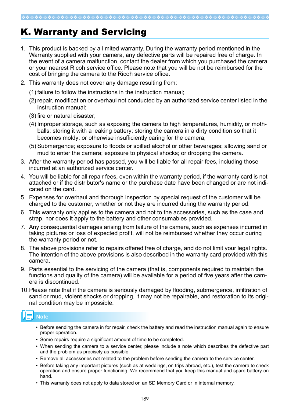 K. warranty and servicing | Ricoh Caplio GX User Manual | Page 189 / 194