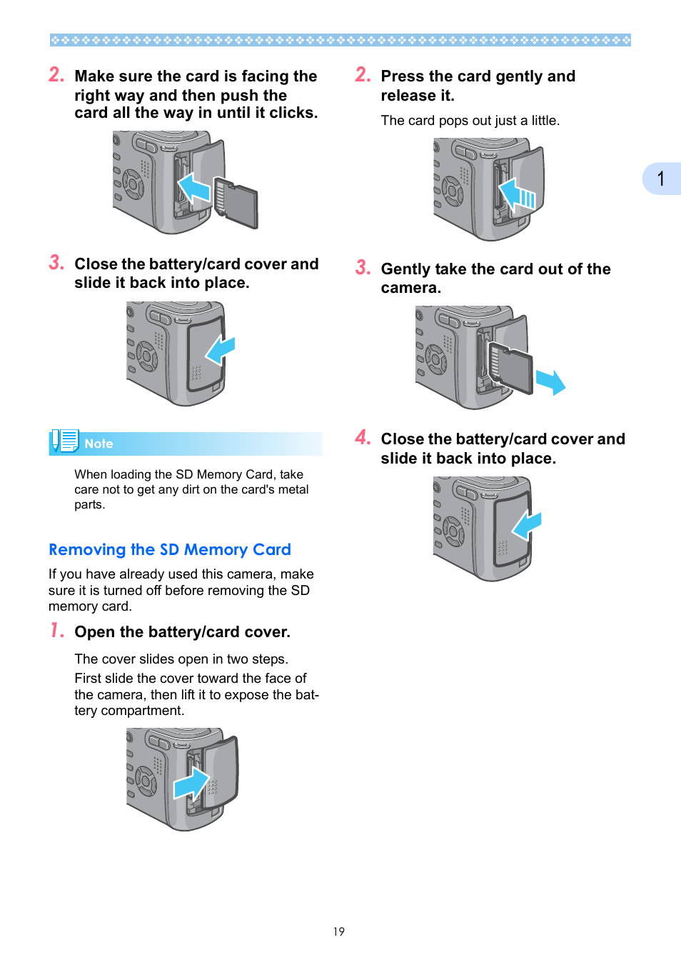 Removing the sd memory card | Ricoh Caplio GX User Manual | Page 19 / 194