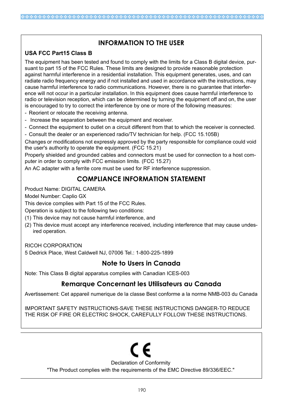 Information to the user, Compliance information statement, Remarque concernant les utilisateurs au canada | Ricoh Caplio GX User Manual | Page 190 / 194