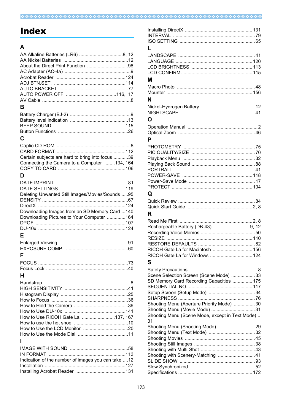 Index | Ricoh Caplio GX User Manual | Page 193 / 194