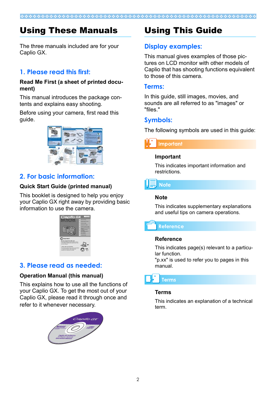 Using these manuals, Please read this first, For basic information | Please read as needed, Using this guide, Display examples, Terms, Symbols | Ricoh Caplio GX User Manual | Page 2 / 194