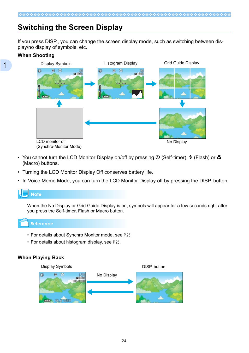 Switching the screen display, 1switching the screen display | Ricoh Caplio GX User Manual | Page 24 / 194