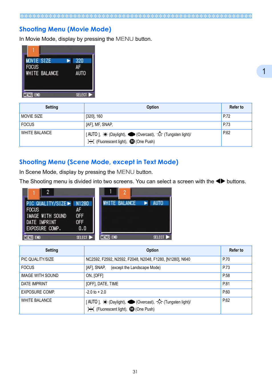 Shooting menu (movie mode), Shooting menu (scene mode, except in text mode) | Ricoh Caplio GX User Manual | Page 31 / 194