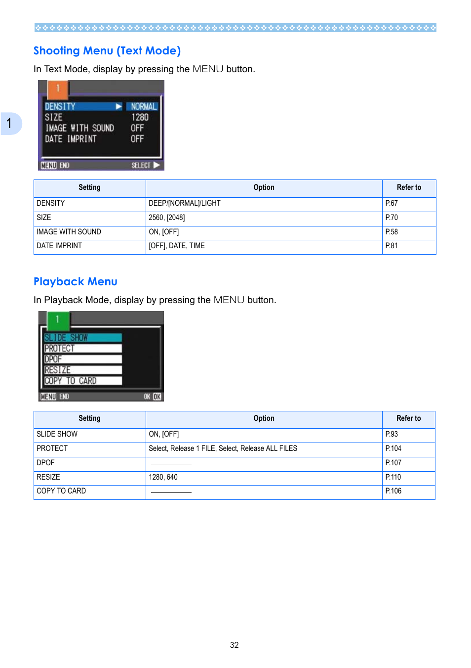 Shooting menu (text mode), Playback menu, Shooting menu (text mode) playback menu | Ricoh Caplio GX User Manual | Page 32 / 194