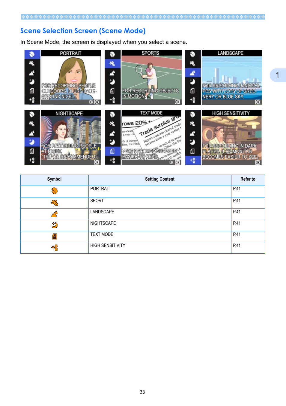 Scene selection screen (scene mode) | Ricoh Caplio GX User Manual | Page 33 / 194