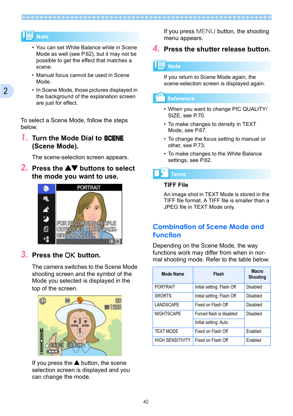 Combination of scene mode and function | Ricoh Caplio GX User Manual | Page 42 / 194