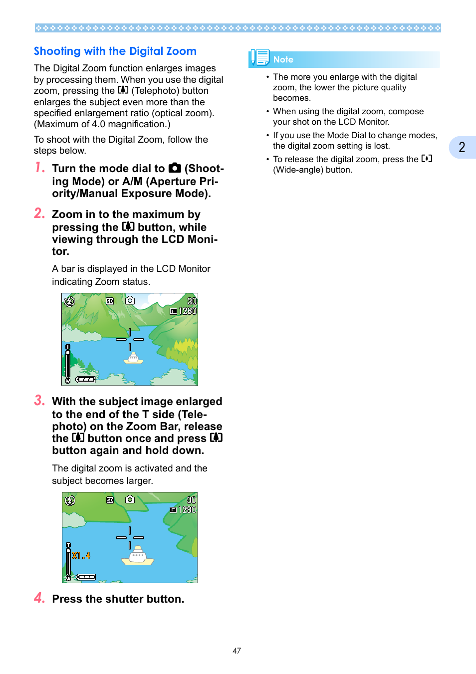 Shooting with the digital zoom | Ricoh Caplio GX User Manual | Page 47 / 194