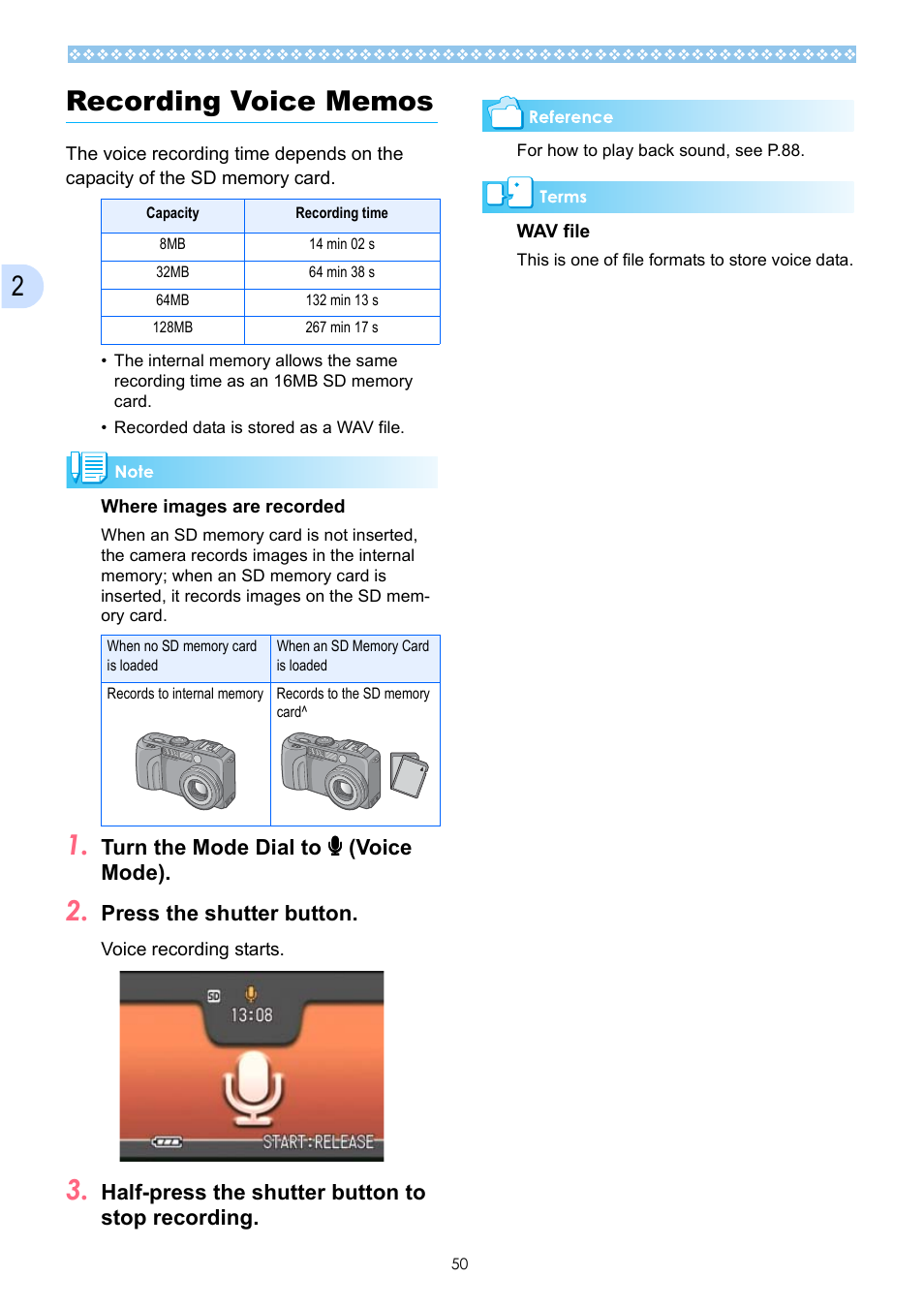 Recording voice memos, Ee p.50, P.50 | Ricoh Caplio GX User Manual | Page 50 / 194