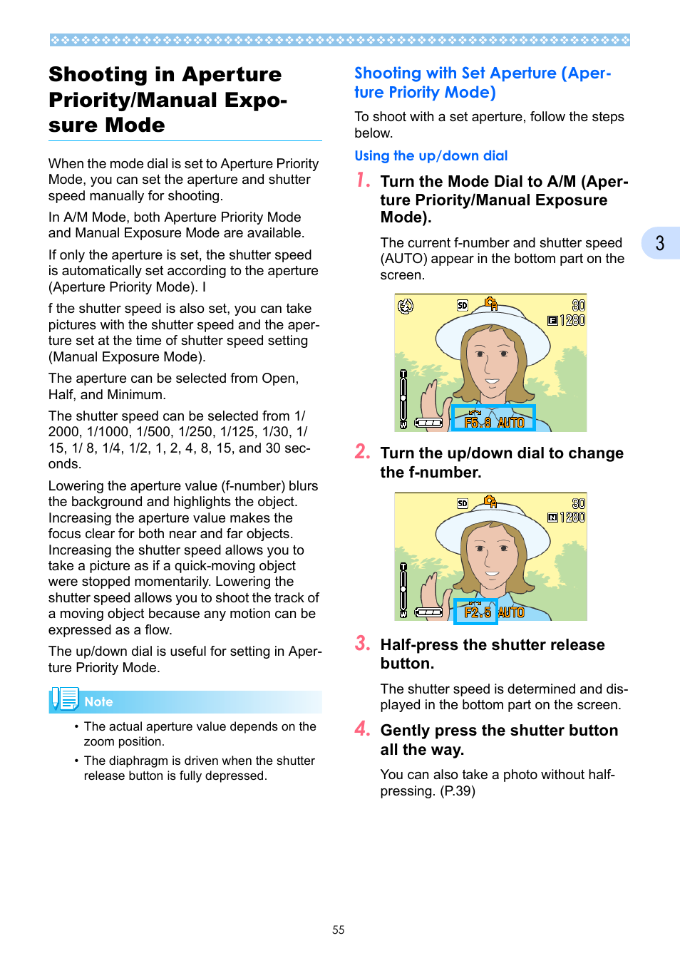 Shooting in aperture priority/manual exposure mode, P.55, Ee p.55 | Ricoh Caplio GX User Manual | Page 55 / 194