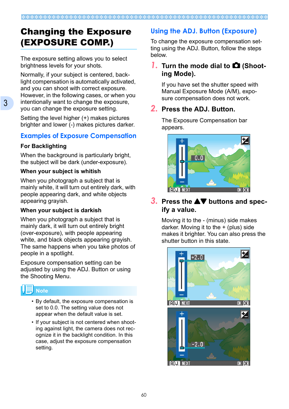 Changing the exposure (exposure comp.), Examples of exposure compensation, Using the adj. button (exposure) | P.60, Ity (see p.60, p, 3changing the exposure (exposure comp.) | Ricoh Caplio GX User Manual | Page 60 / 194